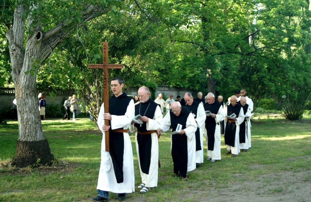 Trappist monks of New Clairvaux Abbey in procession following the Holy Cross