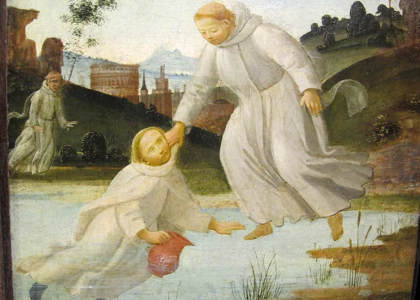St. Maurus rescuing St. Placid from a lake by pulling him up from the hood, under the obedience of St. Benedict